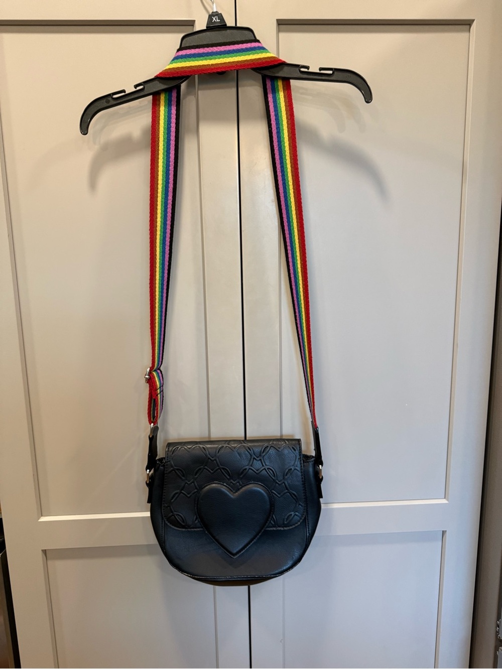 Betsey Johnson Black Heart Crossbody with Rainbow Strap